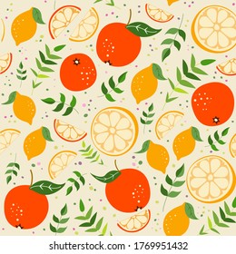 Citrus pattern. Seamless fruit pattern. Seamless background. Lemons pattern. Fruit background. Lemon. Orange. Colorful wallpaper. Lemon slice. 