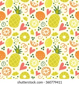 Citrus pattern seamless with orange, lemon, pineapple and hearts. Vector illustration. EPS 8