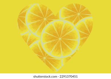 Citrus pattern, slices of lemon arranged in the shape of a heart. Fresh organic tropical fruit background. Vegetarian design full of vitamins, creative summer refreshing concept