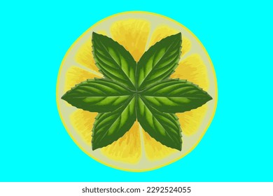 Citrus pattern, slices of lemon with fresh mint leaves. Fresh organic tropical fruit background. Vegetarian design full of vitamins, creative summer refreshing concept
