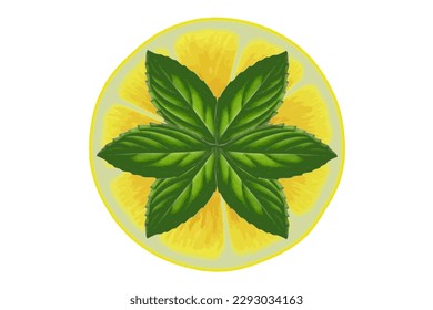 Zitrusmuster, Zitronenscheiben mit frischen Minzblättern. Frische tropische Früchte auf tropischem Hintergrund. Vegetarisches Design voll von Vitaminen, kreatives Sommererfrischungskonzept