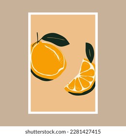 Afiche del cítrico. Ilustración vectorial con naranja. Cítricos. diseño de afiches de impresión artística