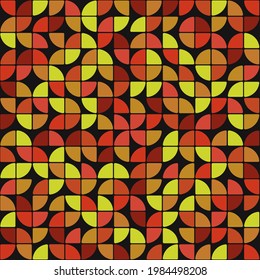 Citrus quarters of circle pattern. Red, orange and yellow color geometric shapes wallpaper. Vector.