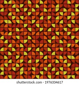 Citrus quarters pattern. Black background and red, orange, yellow quartes pattern. Seamless ans vector geometric citrus ornament. White shapes four quarters of circle.