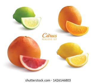 Citrus realistic set of lyme orange lemon  grapefruit whole fruits and slices isolated vector illustration