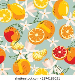 Citrus seamless floral pattern with lemon,orange and grapefruit