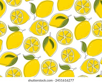 Citrus seamless Pattern. Abstract line Drawn Lemon parts background. Fresh organic Natural Healthy Fruit. Doodle food illustration for design wallpaper, cover, packaging, advertising, banner