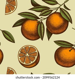 Citrus seamless pattern background design. Engraved style. Hand drawn orange.