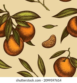 Citrus seamless pattern background design. Engraved style. Hand drawn mandarin.