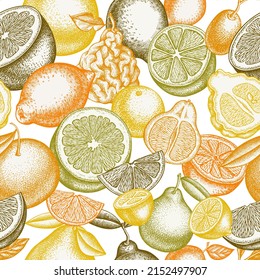 Citrus seamless pattern background design. Engraved style. Hand drawn kumquat, lemon, tangelo, etc.