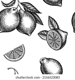 Citrus seamless pattern background design. Engraved style. Hand drawn lemon.