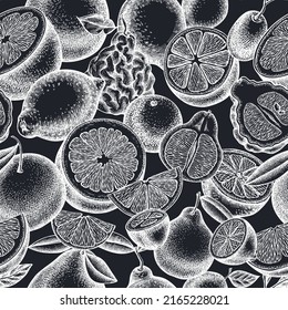 Citrus seamless pattern background design. Engraved style. Hand drawn kumquat, lemon, tangelo, etc.