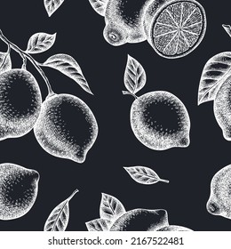 Citrus seamless pattern background design. Engraved style. Hand drawn lime.