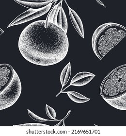 Citrus Seamless Pattern Background Design. Engraved Style. Hand Drawn Grapefruit.