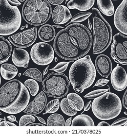 Citrus seamless pattern background design. Engraved style. Hand drawn kumquat, lemon, tangelo, etc.