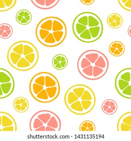 Citrus seamless pattern of color hand drawn lemon, lime, orange and grapefruit slice fruit shapes isolated on white background. Food endless vector texture. Creative tropical wallpaper design.