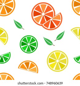 Citrus seamless pattern with colorful fruit and leaf on white background. Vector illustration