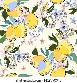 Citrus seamless pattern with colorful lemons and flowers.Summer fruit vector background.Floral and citrus textile texture