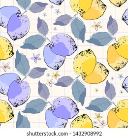 Citrus seamless pattern  with colorful lemons and flowers.Vector summer fruit background.Textile texture