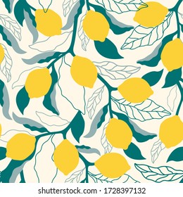 Citrus seamless pattern with colorful lemons and leafs.Summer vector background with fruits.Graphic textile texture.Tropical citrus fabric