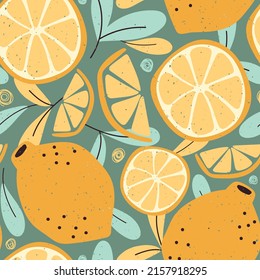 Citrus seamless pattern with colorful lemons and leafs.Tropical vector background.Summer wrapping paper with lemons.Textile texture with lemons.