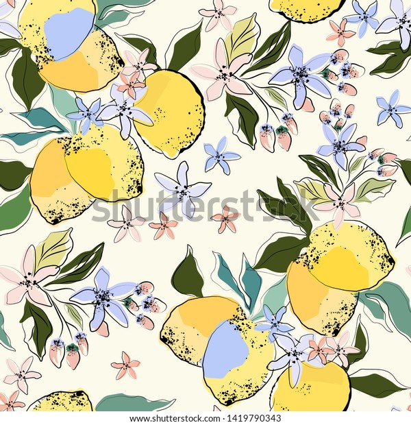 カラフルなレモンと花を持つシャムレスな模様 夏のフルーツベクター画像の背景 花柄と柑橘のテクスチャー のベクター画像素材 ロイヤリティフリー