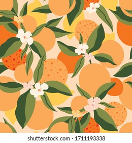 Citrus seamless pattern with colorful oranges and flowers.Vector summer tropical background.Textile texture with fruits.Floral seamless pattern with citrus fruits