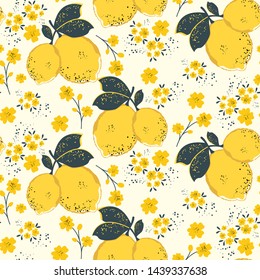 Citrus seamless pattern with colorful yellow lemons and flowers.Vector summer background.Textile texture