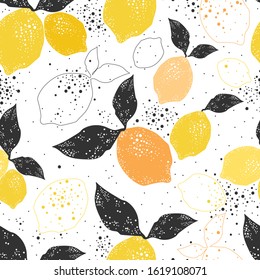 Citrus seamless pattern with colorful yellow and orange lemons.Tropical vector summer background with fruits.Fabric with lemons