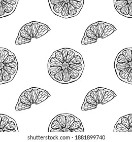 Patrón transparente de cítricos. Cortar el segmento de pieza redonda de fruta en la piel. Lima de pomelo de limón naranja mandarín. Esbozo negro dibujado a mano sobre el dibujo del doodle. Ilustración vectorial en fondo blanco.