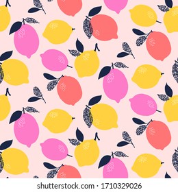 Citrus seamless pattern design with leaves and dots on light pink background