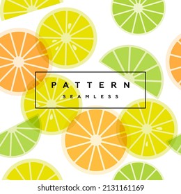 Citrus seamless pattern. Fruit background. Transparent berry fruits and frame with text is on separate layer. Label and packaging simple design.