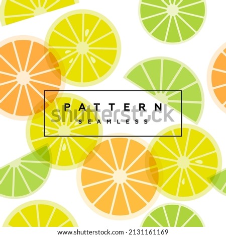 Citrus seamless pattern. Fruit background. Transparent berry fruits and frame with text is on separate layer. Label and packaging simple design.