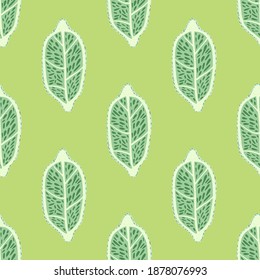 Citrus seamless pattern with green colored outline lemon shapes. Light green background. Vector illustration for seasonal textile prints, fabric, banners, backdrops and wallpapers.