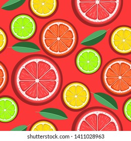 Citrus seamless pattern. Green, red and yellow citrus slices on a red background. Fruit picking. Vector background EPS 8.