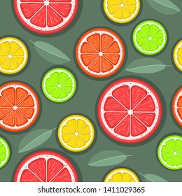 Citrus seamless pattern. Green, red and yellow citrus slices on a green background. Fruit picking. Vector background EPS 8.