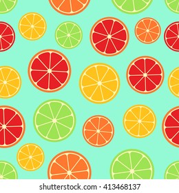 Citrus seamless pattern. Green, red and yellow citrus slices on blue background. Fruit collection. Vector background EPS 8.