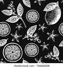 Citrus seamless pattern. Hand drawing of lemon fruit, slices, leaves, flowers and branches with buds. Black and white nature background. Vintage floral pattern. Vector illustration. All over print.