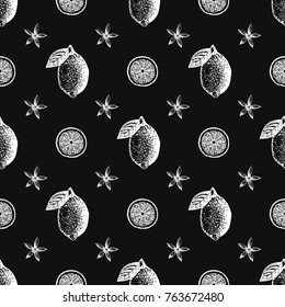 Citrus seamless pattern. Hand drawing of lemon fruit, slices, leaves, flowers and branches with buds. Black and white nature background. Vintage floral pattern. Vector illustration. All over print.