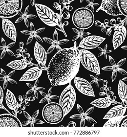 Citrus seamless pattern. Hand drawing of lemon fruit, slices, leaves, flowers and branches with buds. Black and white nature background. Vintage floral pattern. Vector illustration. All over print.