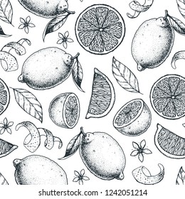 Citrus seamless pattern. Hand drawn vector illustration. Lemon and orange sketch background. Vintage design template.