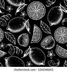 Citrus seamless pattern. Hand drawn vector illustration. Lemon and orange sketch background. Vintage design template.