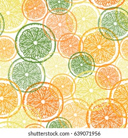 Citrus seamless pattern. Hand drawn slices of citrus fruits, lime, lemon, mandarin and orange. Vector illustration. All over print.