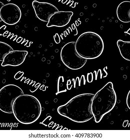 Citrus seamless pattern, isolated on black background.