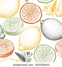 Citrus seamless pattern. Lemon background. Vector fruit illustration. Summer drawing for logo, icon, label, packaging design.