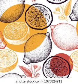 Citrus seamless pattern. Lemon background. Vector fruit illustration. Summer drawing for logo, icon, label, packaging design.