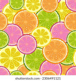 citrus seamless pattern with lemon, lime, orange and grapefruit, tropic fruits, summertime concept, cartoon vector illustration