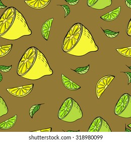 Citrus seamless pattern with lemon and lime in hand-drawn style
