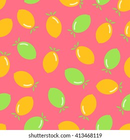 Citrus seamless pattern. Lemon and lime on pink background. Fruit collection. Vector background EPS 8.