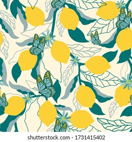 Citrus seamless pattern with lemons and butterfly.Tropical summer vector background.Graphic textile texture.Citrus fruits.